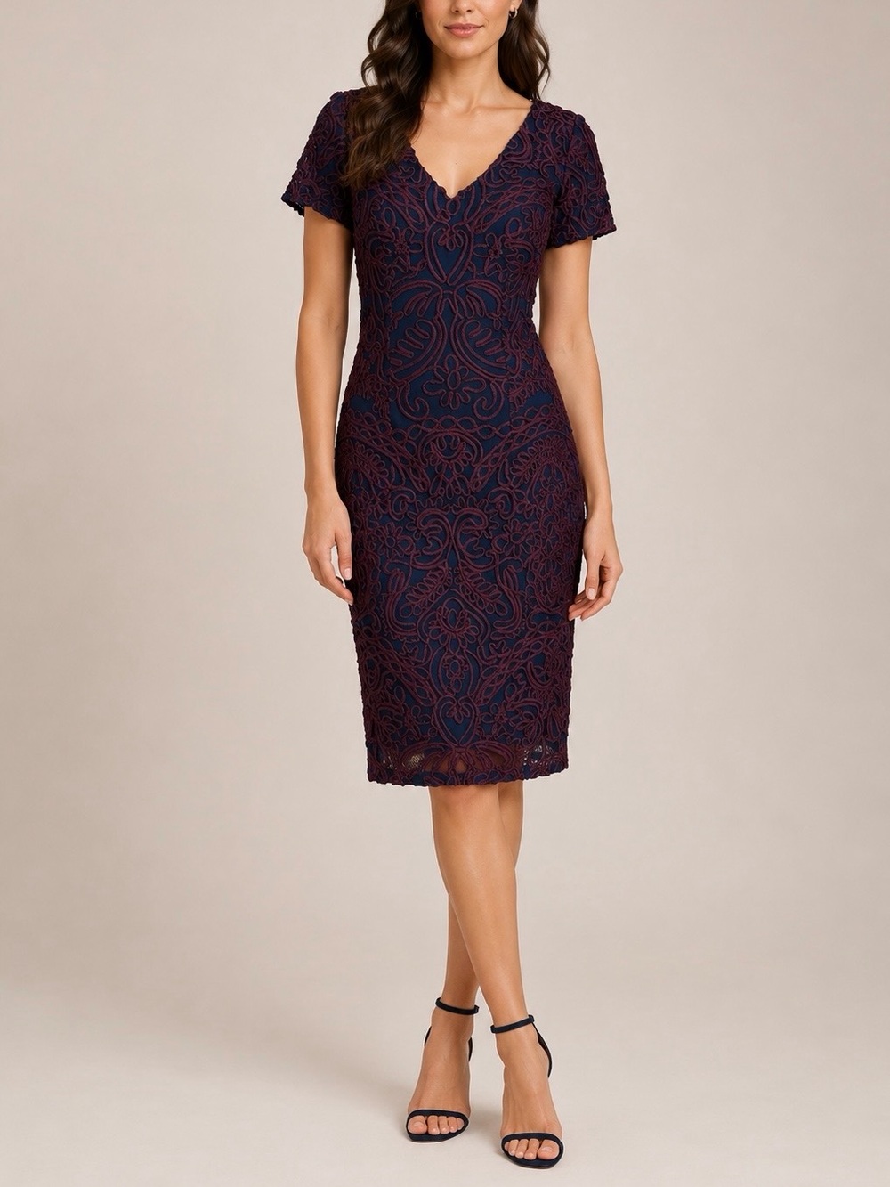 JS Collections Soutache Cocktail Dress Navy Blue Burgundy Sz 4 NWT